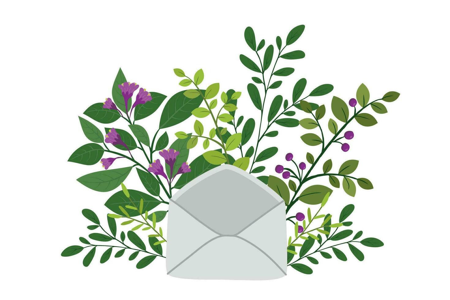 Bouquet of flowers behind a paper envelope. Flat design. Hand drawn trendy vector greeting card.