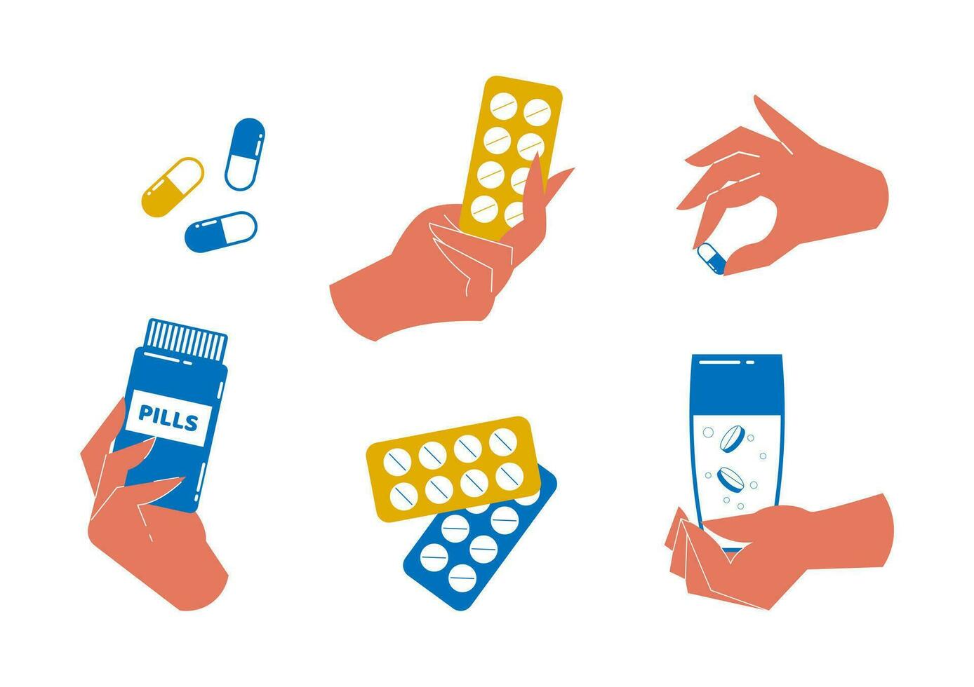 Medical pills in hand, headache relief pill. Vector illustration in a flat style.