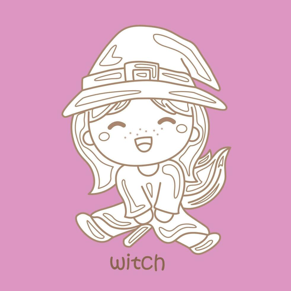 Alphabet W For Witch Vocabulary Reading School Lesson Cartoon Digital Stamp Outline vector