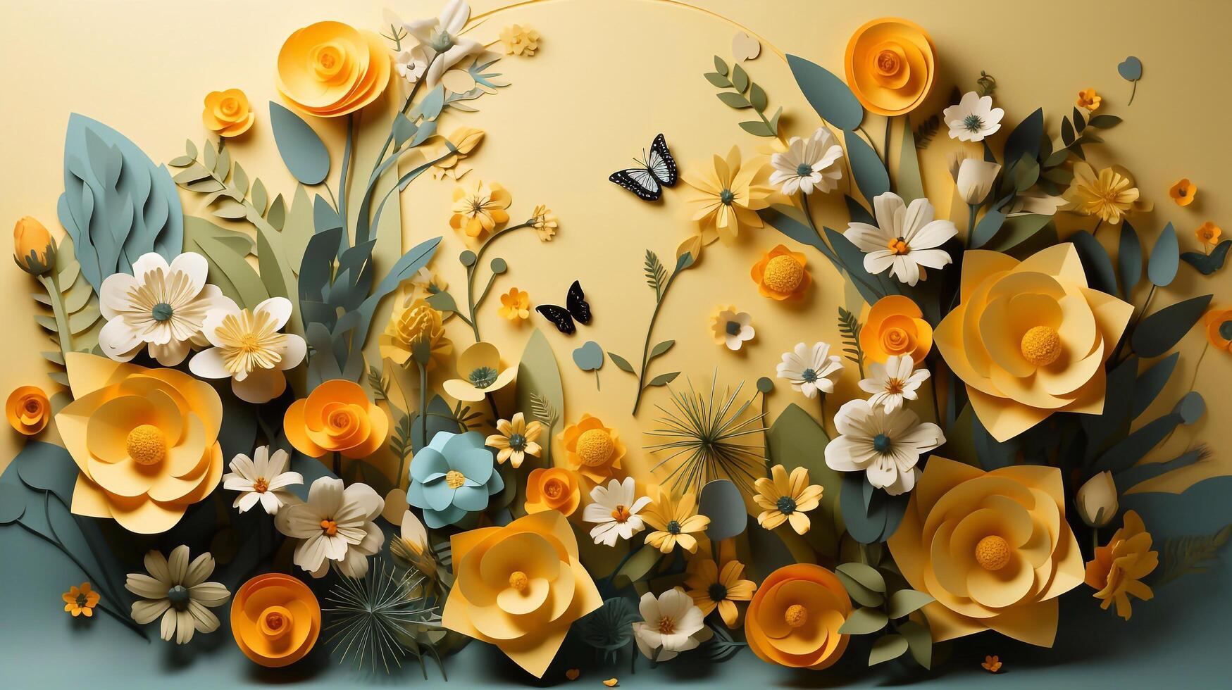 A photo of yellow and leaves different daisy flowers on yellow background.