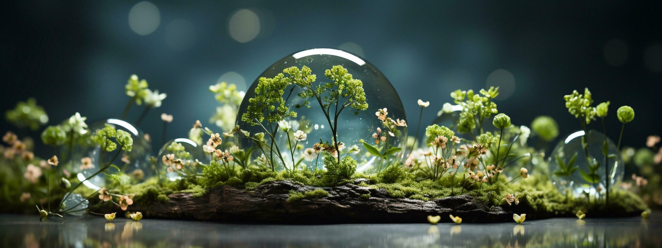 Beautiful green small island landscape with big tree and rays of sunlight in a bubble ozone layer background. generative ai photo