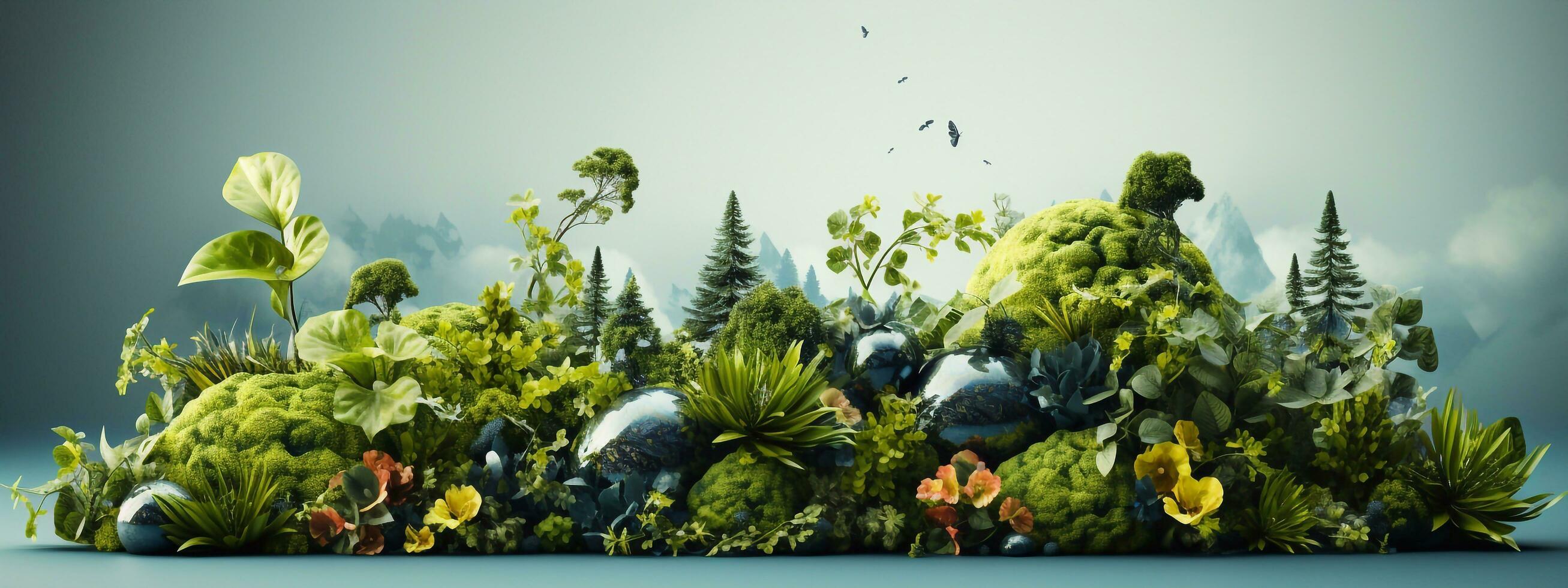 Beautiful green small island landscape with big tree ozone layer background with mountain and birds. generative ai photo