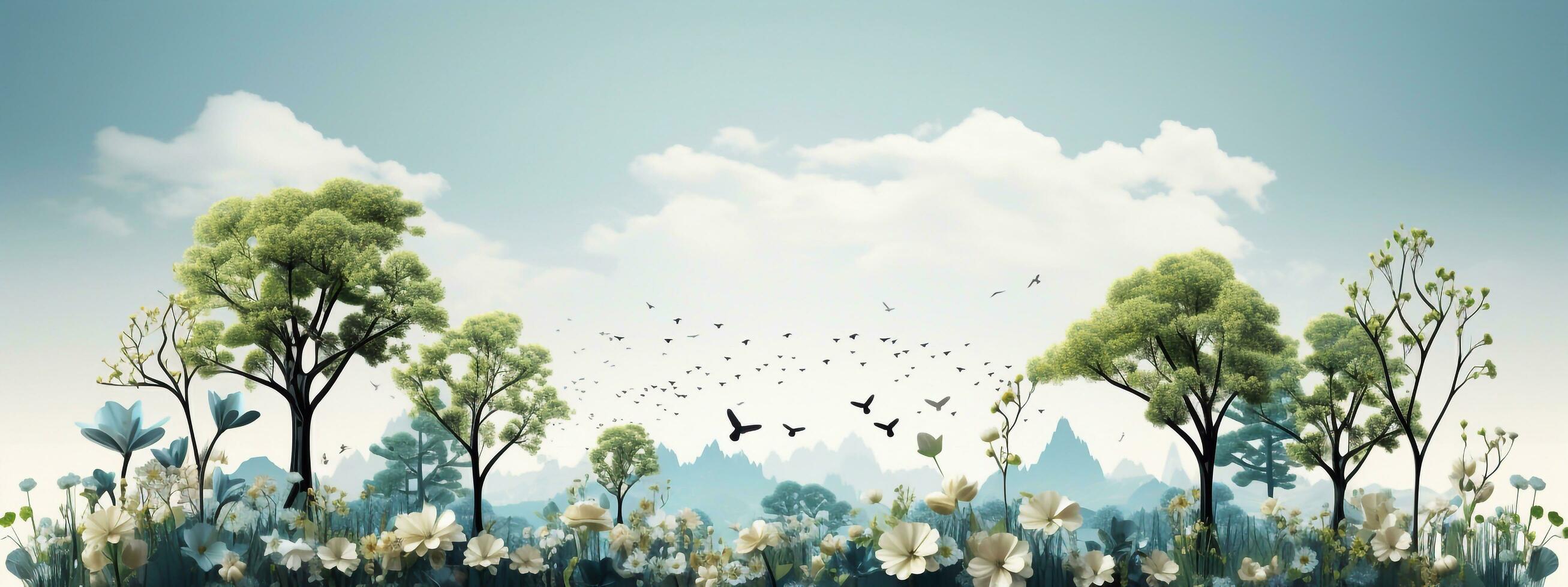 Beautiful big tree and clouds and green forest with birds. generative ai photo