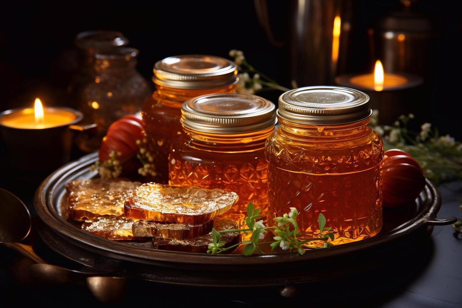 Honey jar packaging glass bottle mockup with honey spoon isolated. photo