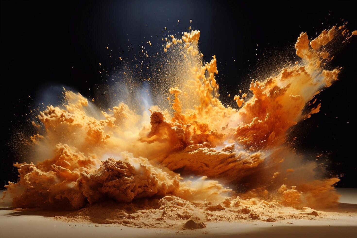 In the form of a conflagration and a torrent of glittering gold sand, dust, and glitter. photo