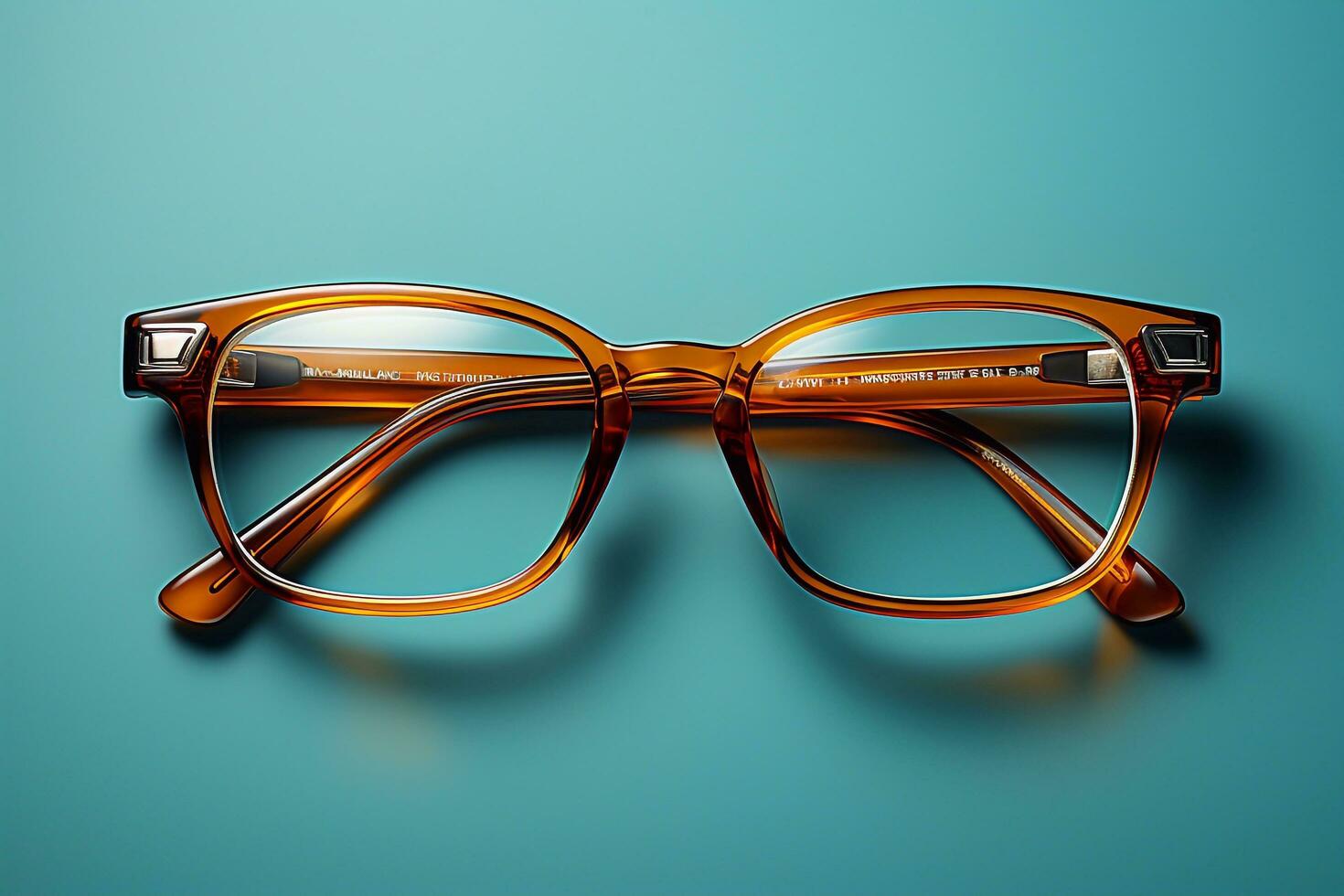 Optic glasses on the table yellow eyeglasses frame on blue background . generative ai photo