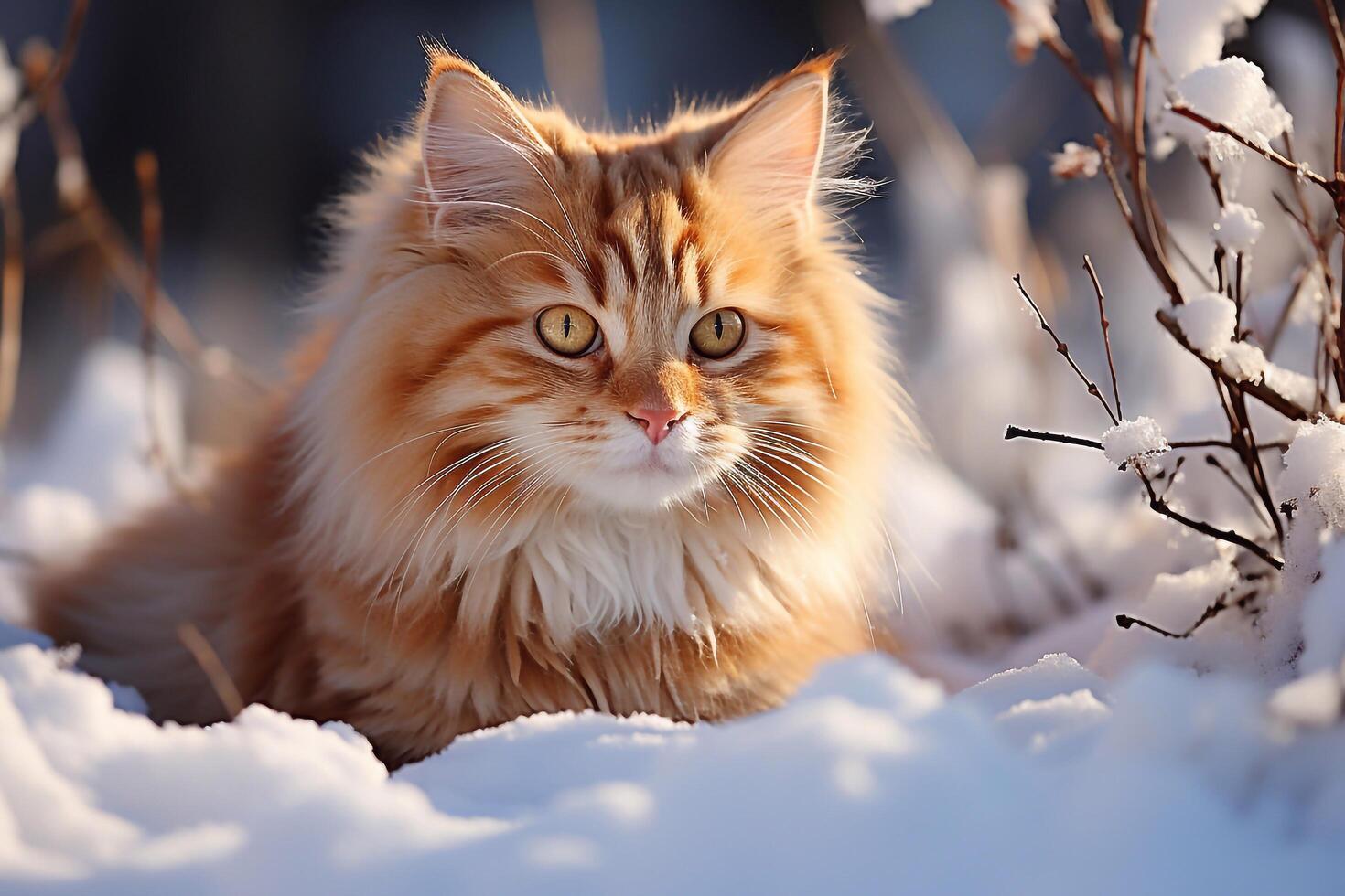 noruego bosque amarillo gato masculino en blanco Nevado bosque. generativo ai foto