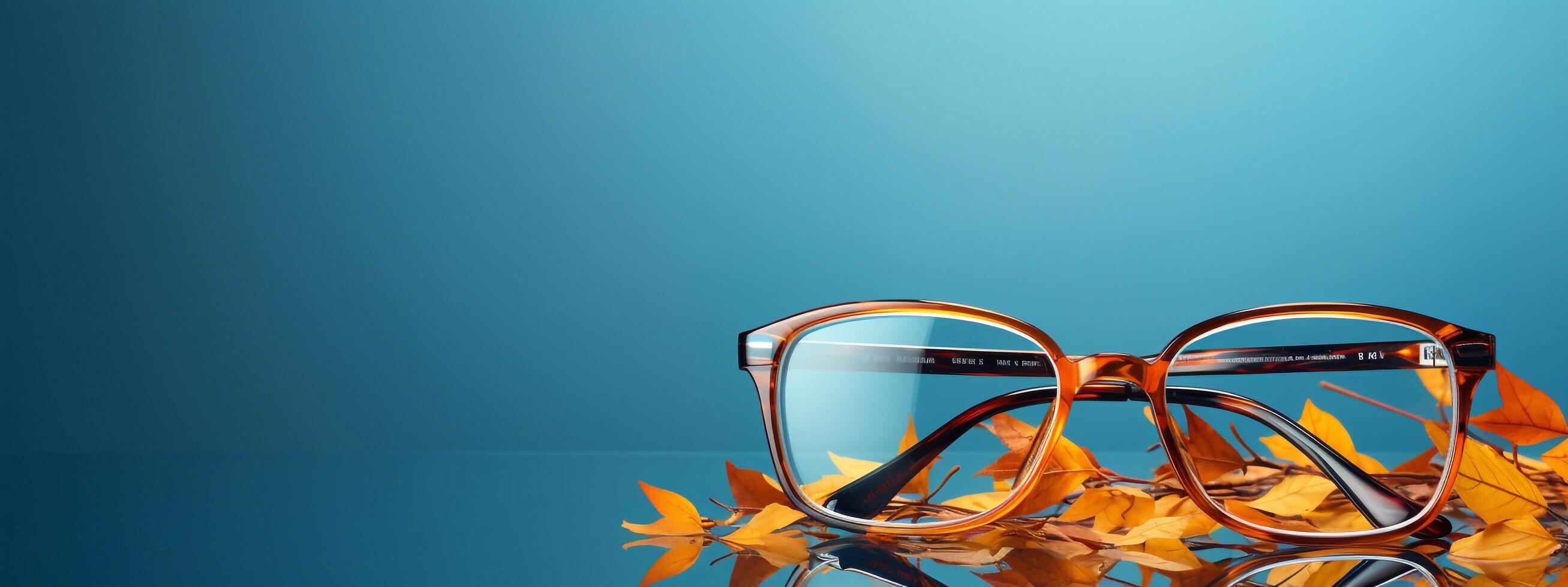 Optic glasses on the table yellow eyeglasses frame with flower on blue background. photo