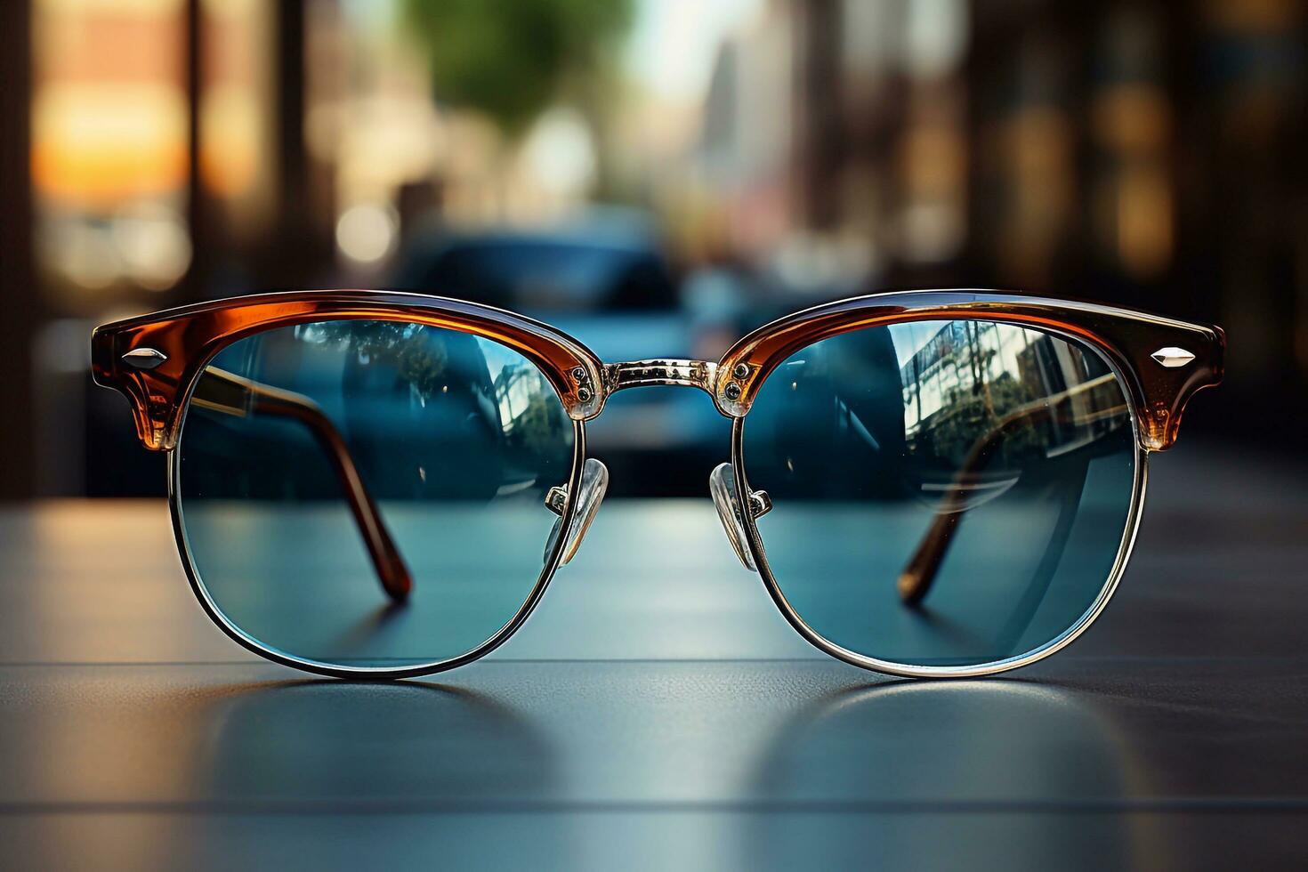Optic glasses on the wooden table black eyeglasses frame on city background. generative ai photo