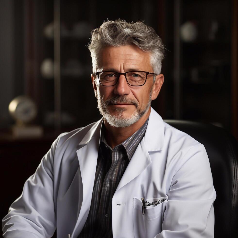 Portrait of confident medical doctor on dark background. Young doctor man with or in a medical dressing. photo