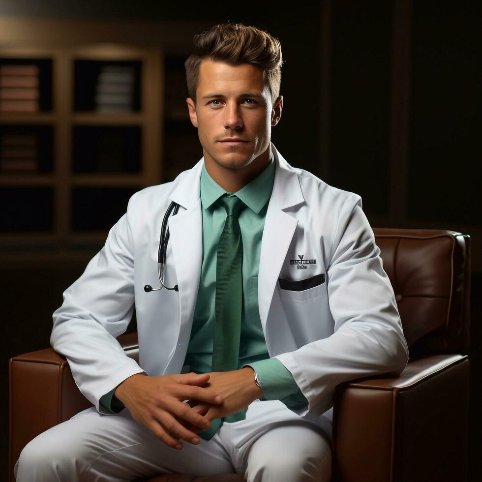 Portrait of confident young medical doctor on dark background. Young doctor man with or in a medical dressing. generative ai photo