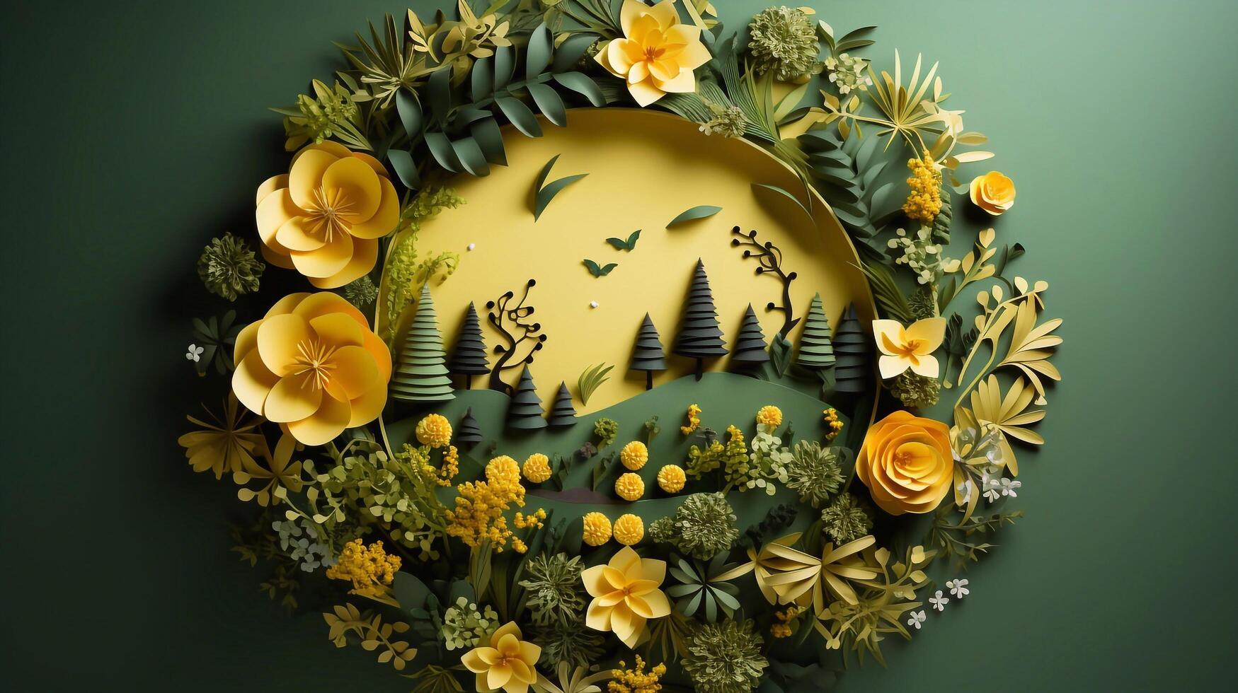 yellow and leaves different daisy flowers with pine tree. photo