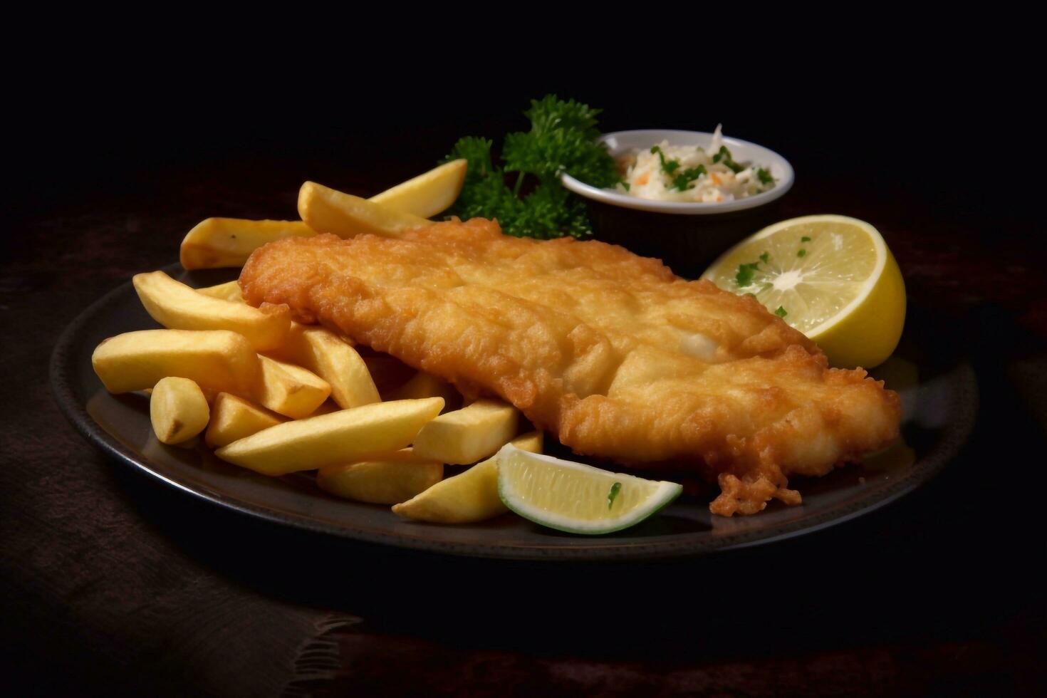 Fish and Chips, Delicious fish fillet with french fries in plate, Generative ai photo