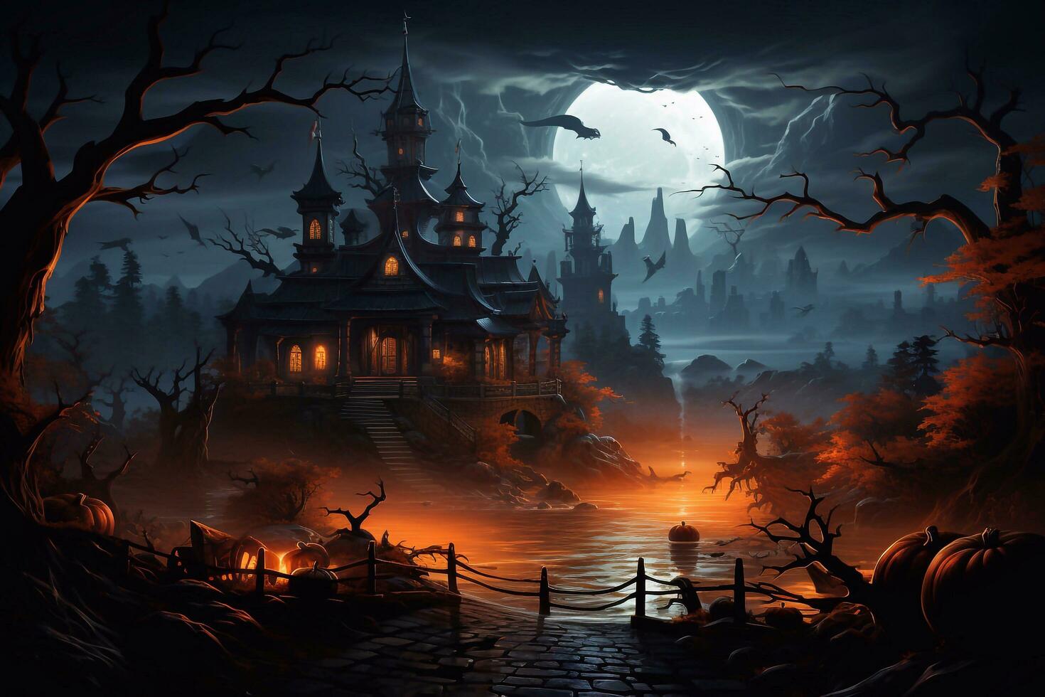 Horror looking pumpkins on the ground at halloween evening moon bats flying around trees. Generative ai photo