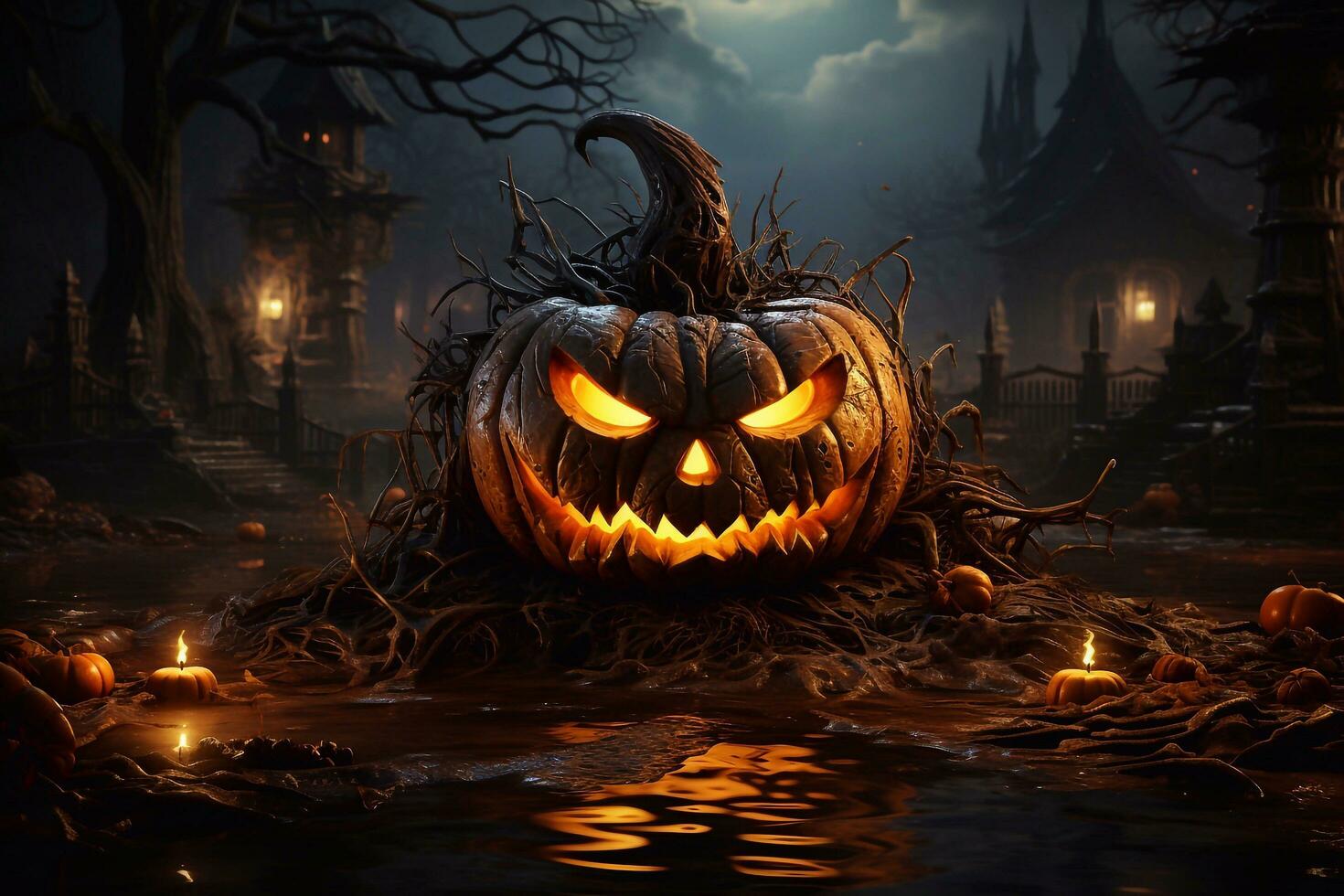 Scary looking pumpkin on the ground at halloween evening full moon bats flying around trees. Generative ai photo