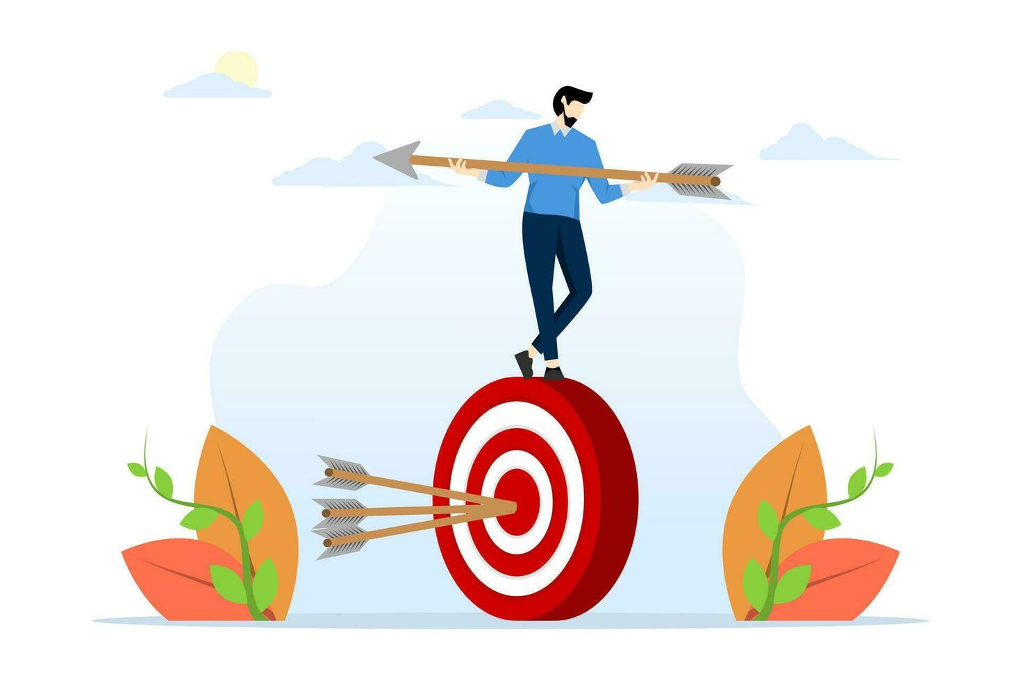 Result oriented or results driven business strategy concept, set and achieve business targets in a professional manner, businessman balance and control rotating archery target with arrow on target. vector