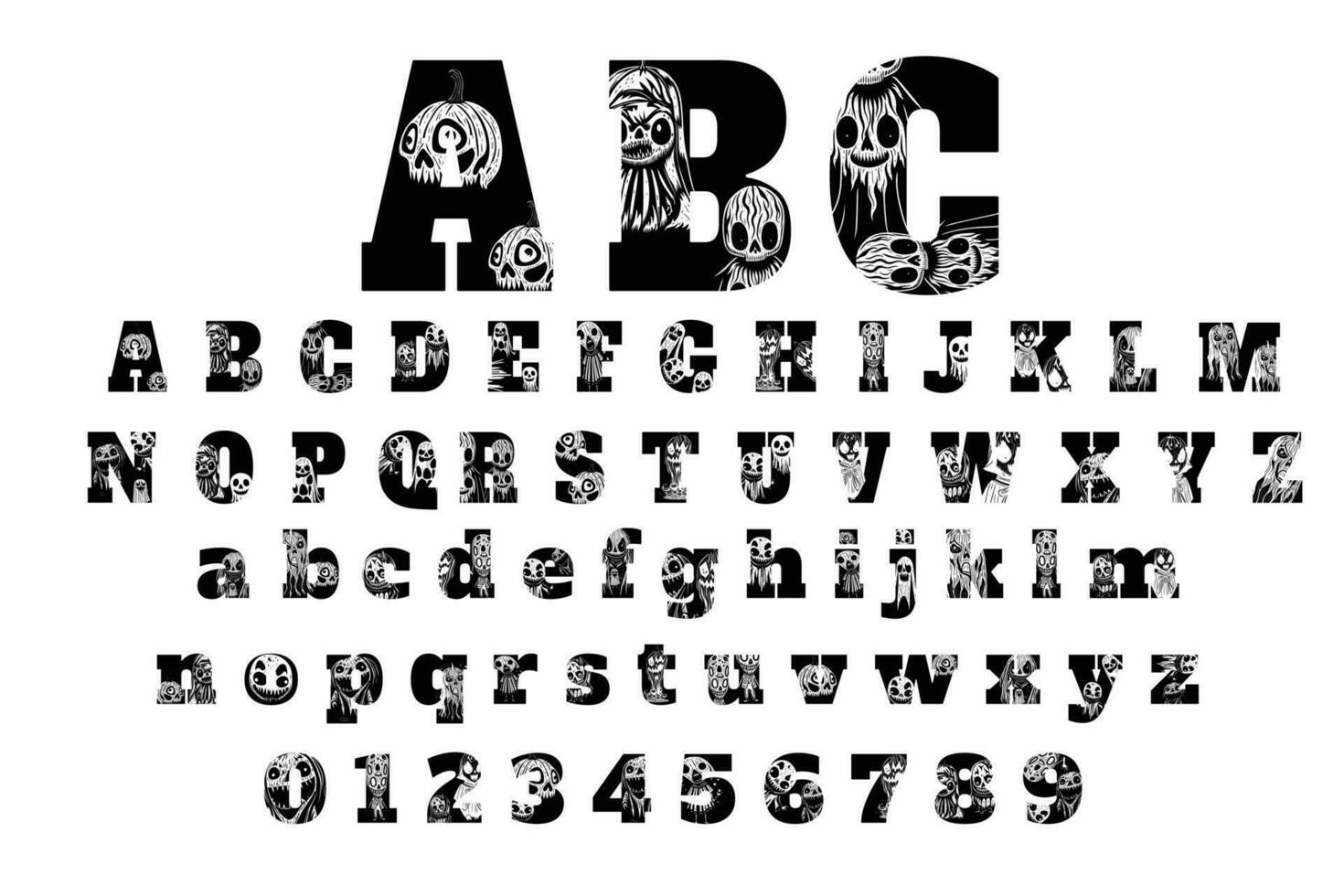 Alphabet with creepy Halloween ghost pattern. vector