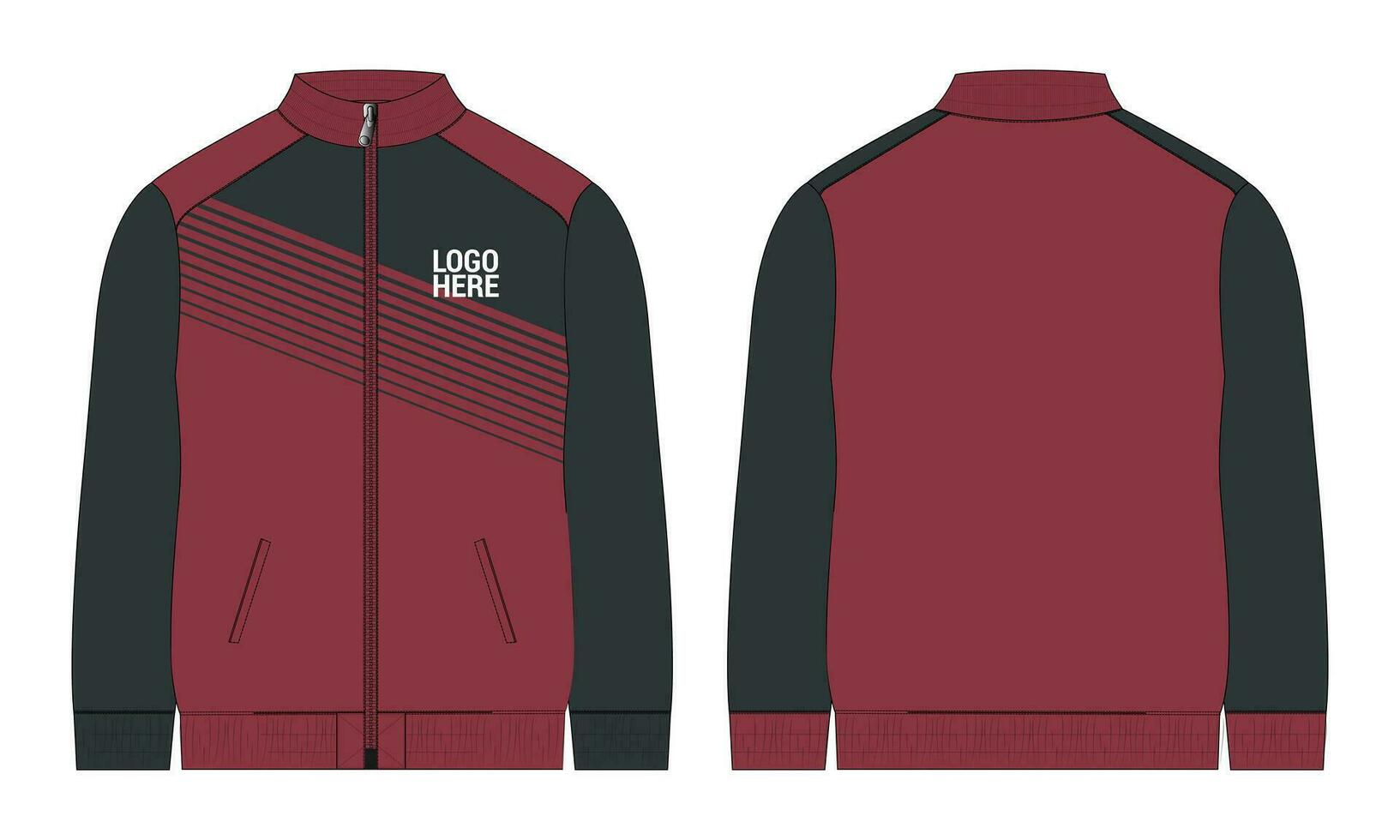 Long sleeve zipper with pocket tracksuits jacket sweatshirt technical fashion flat sketch vector illustration template front and back view.