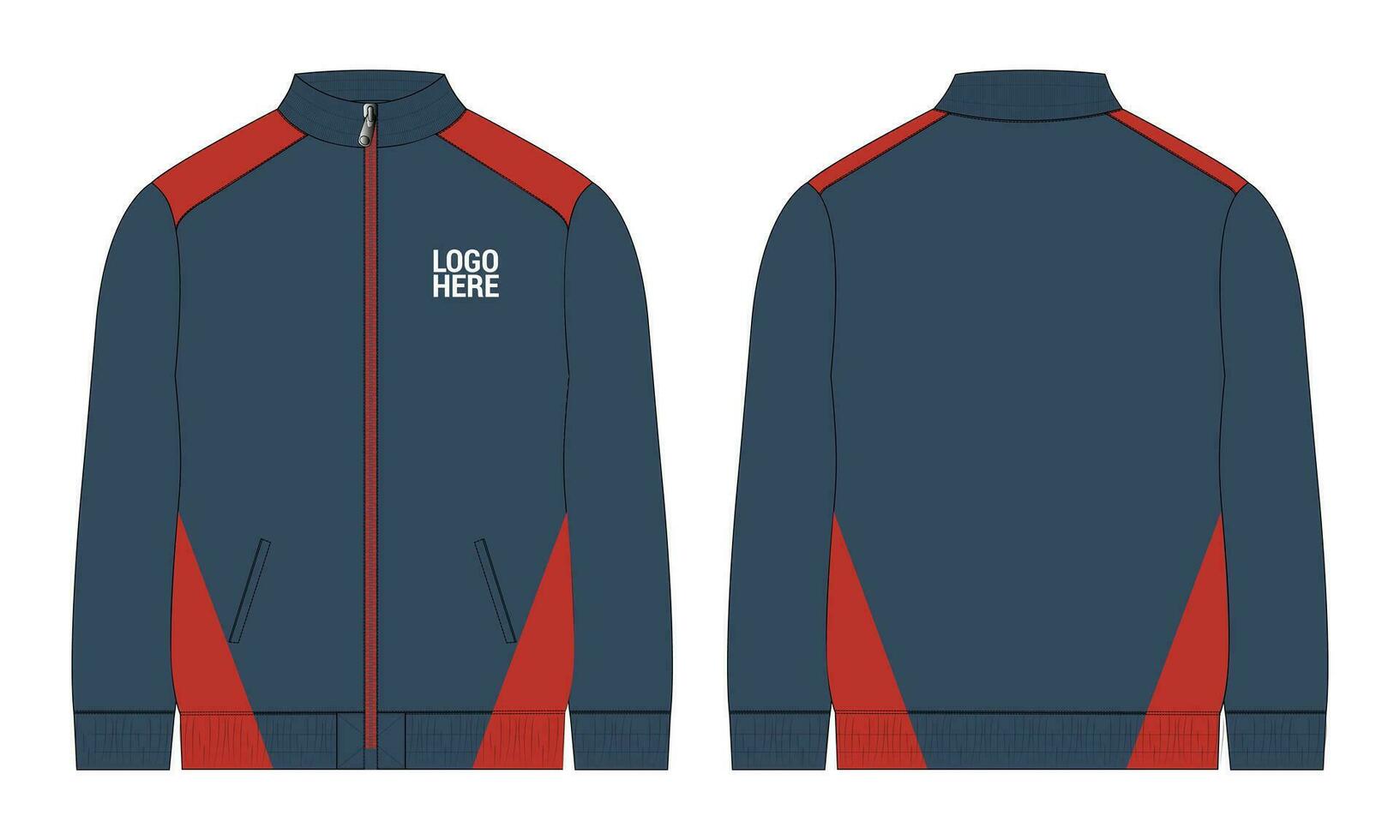 Long sleeve zipper with pocket tracksuits jacket sweatshirt technical fashion flat sketch vector illustration template front and back view.