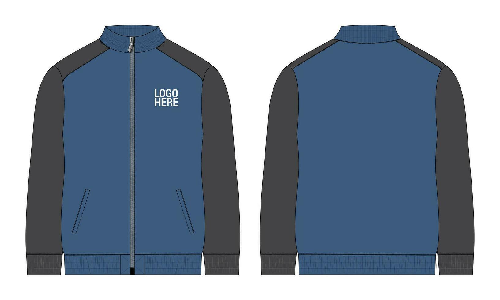 Long sleeve zipper with pocket tracksuits jacket sweatshirt technical fashion flat sketch vector illustration template front and back view.