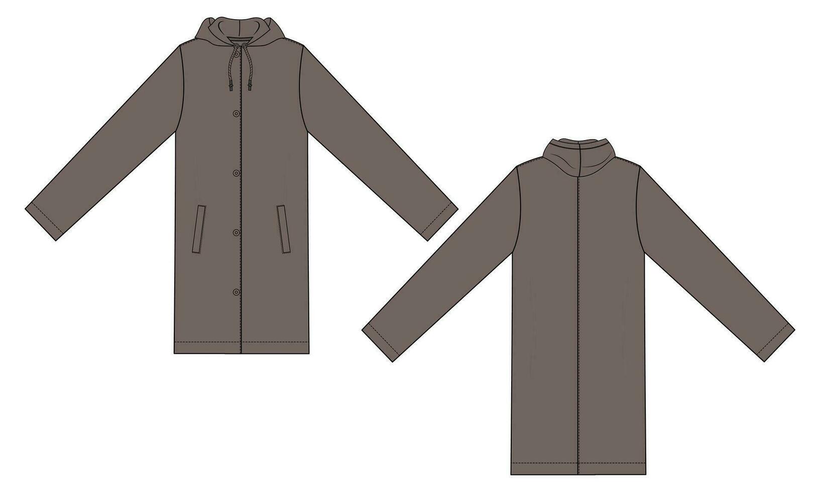 Long sleeve knee length long hoodie coat vector illustration template front and back views