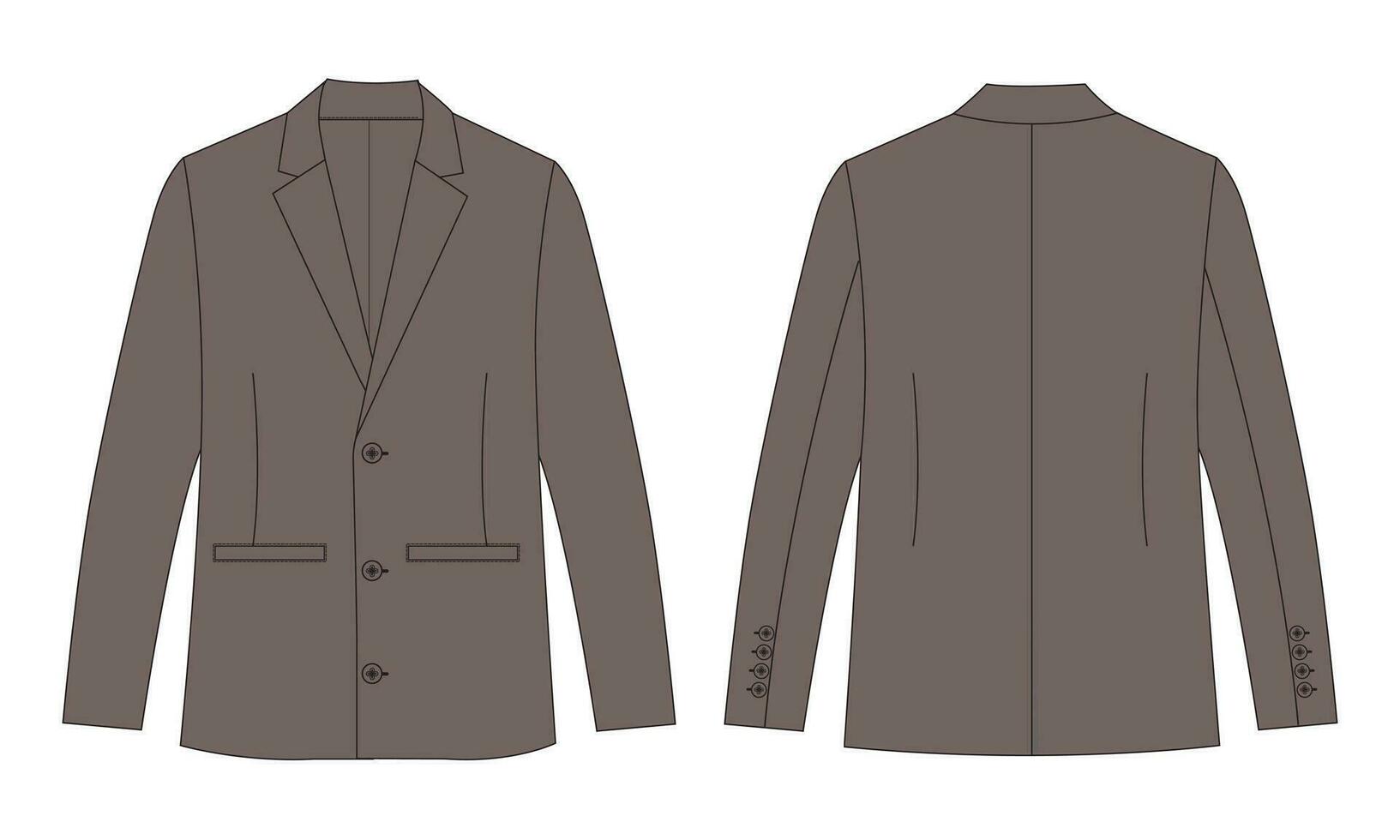 Long sleeve black color blazer suit technical drawing fashion flat sketch vector illustration template front and back views isolated on white background