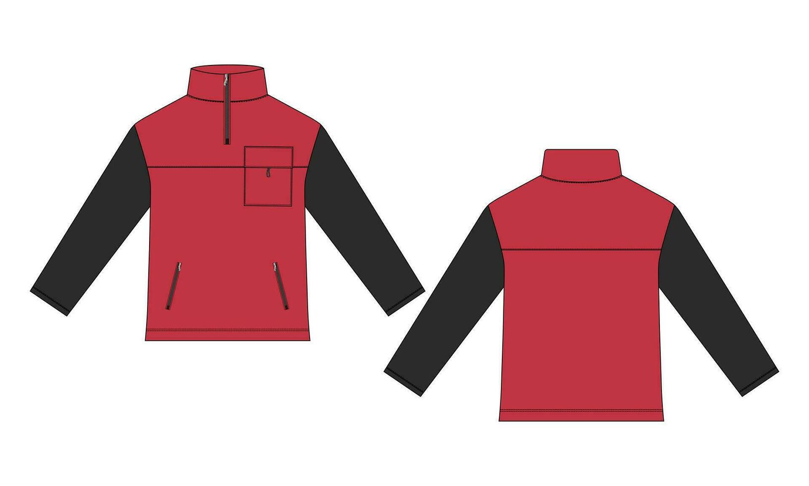 chaqueta de manga larga con bolsillo y cremallera vista frontal y posterior de la plantilla de ilustración vectorial de boceto plano de moda técnica. Chaqueta tipo sudadera de tejido polar para hombre y niño. vector