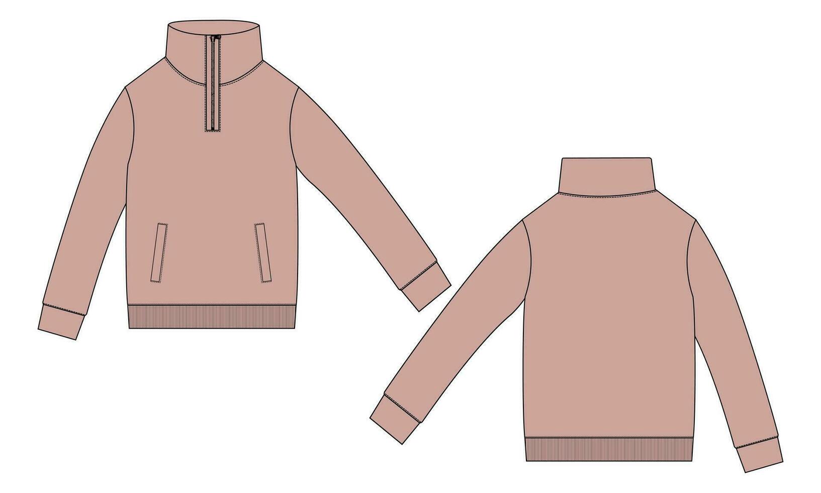 chaqueta de manga larga con bolsillo y cremallera vista frontal y posterior de la plantilla de ilustración vectorial de boceto plano de moda técnica. Chaqueta tipo sudadera de tejido polar para hombre y niño. vector