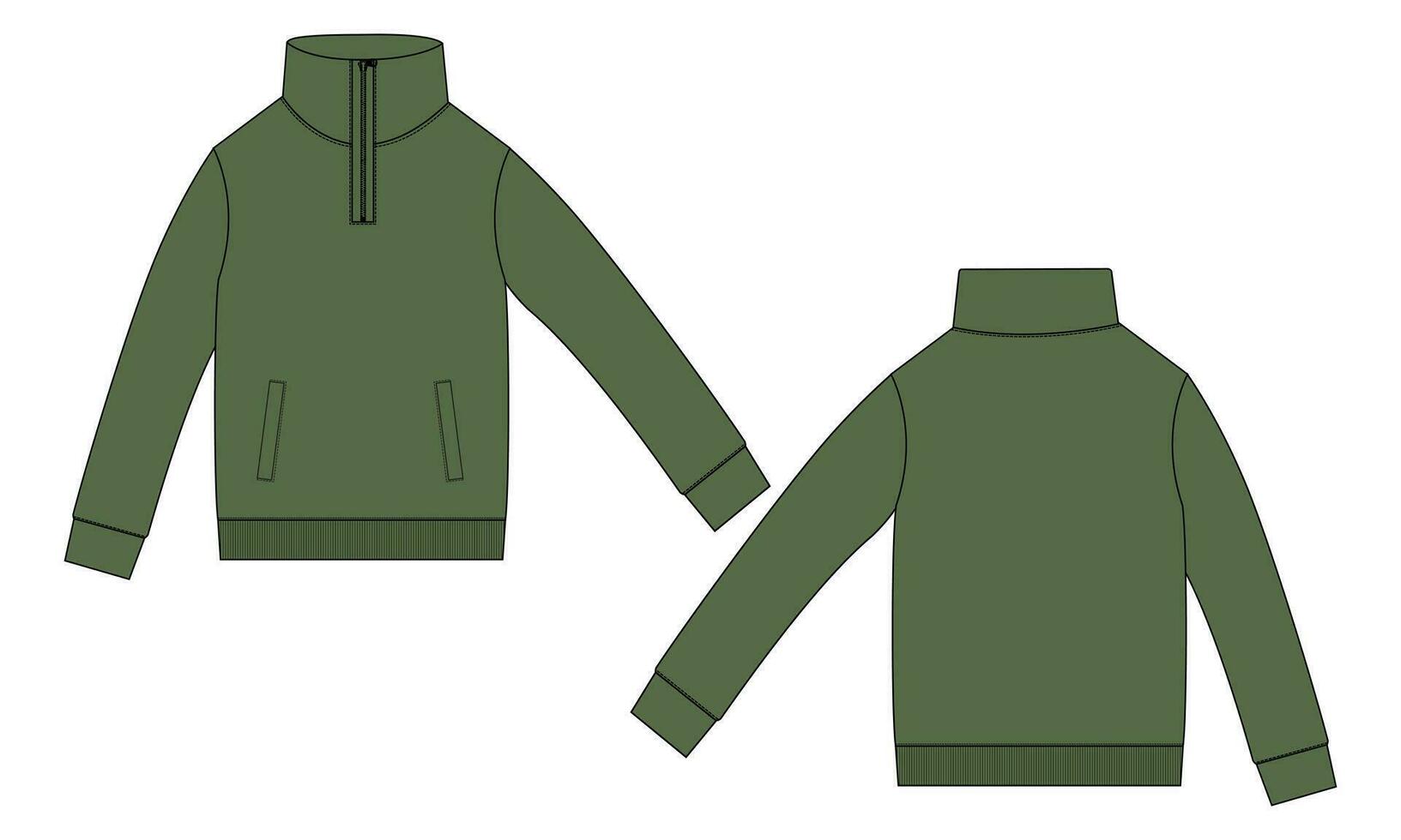 chaqueta de manga larga con bolsillo y cremallera vista frontal y posterior de la plantilla de ilustración vectorial de boceto plano de moda técnica. Chaqueta tipo sudadera de tejido polar para hombre y niño. vector