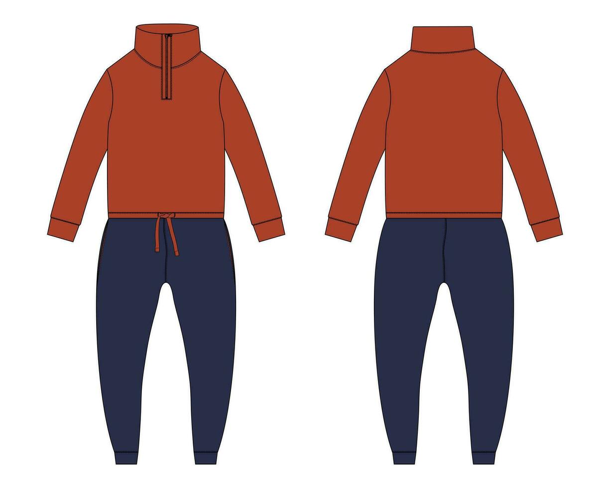 todas en uno traje persona que practica jogging pantalones deportivos con camisa de entrenamiento tapas vector ilustración modelo frente y espalda puntos de vista