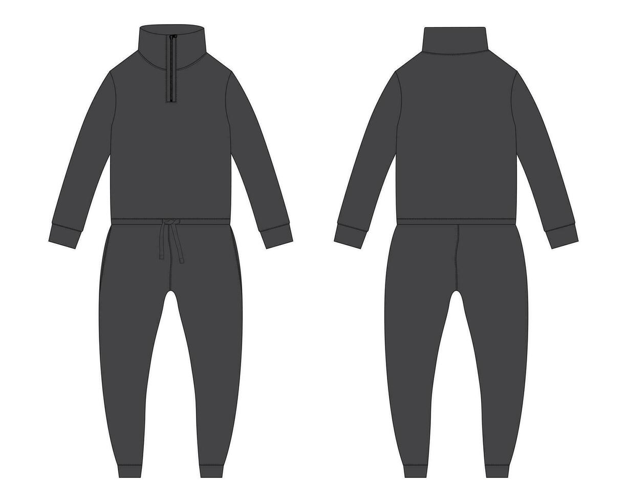 todas en uno traje persona que practica jogging pantalones deportivos con camisa de entrenamiento tapas vector ilustración modelo frente y espalda puntos de vista