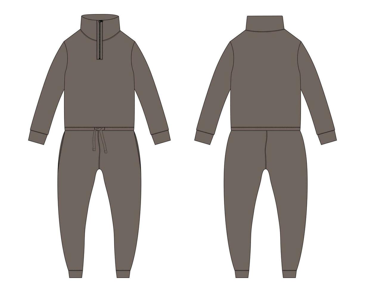 todas en uno traje persona que practica jogging pantalones deportivos con camisa de entrenamiento tapas vector ilustración modelo frente y espalda puntos de vista