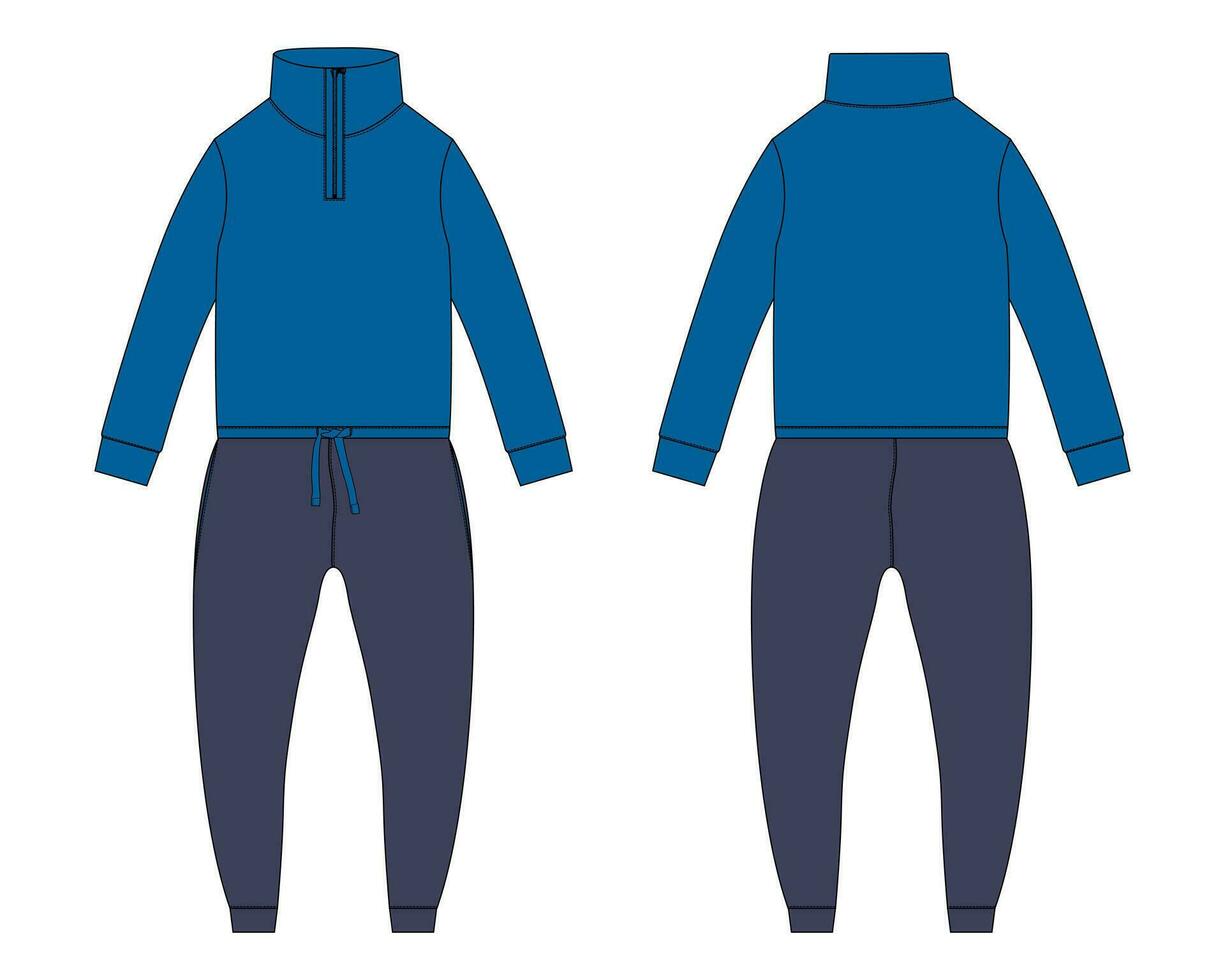 todas en uno traje persona que practica jogging pantalones deportivos con camisa de entrenamiento tapas vector ilustración modelo frente y espalda puntos de vista