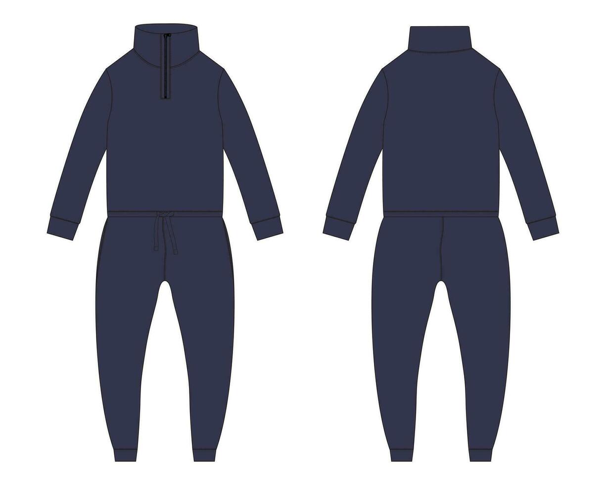 todas en uno traje persona que practica jogging pantalones deportivos con camisa de entrenamiento tapas vector ilustración modelo frente y espalda puntos de vista