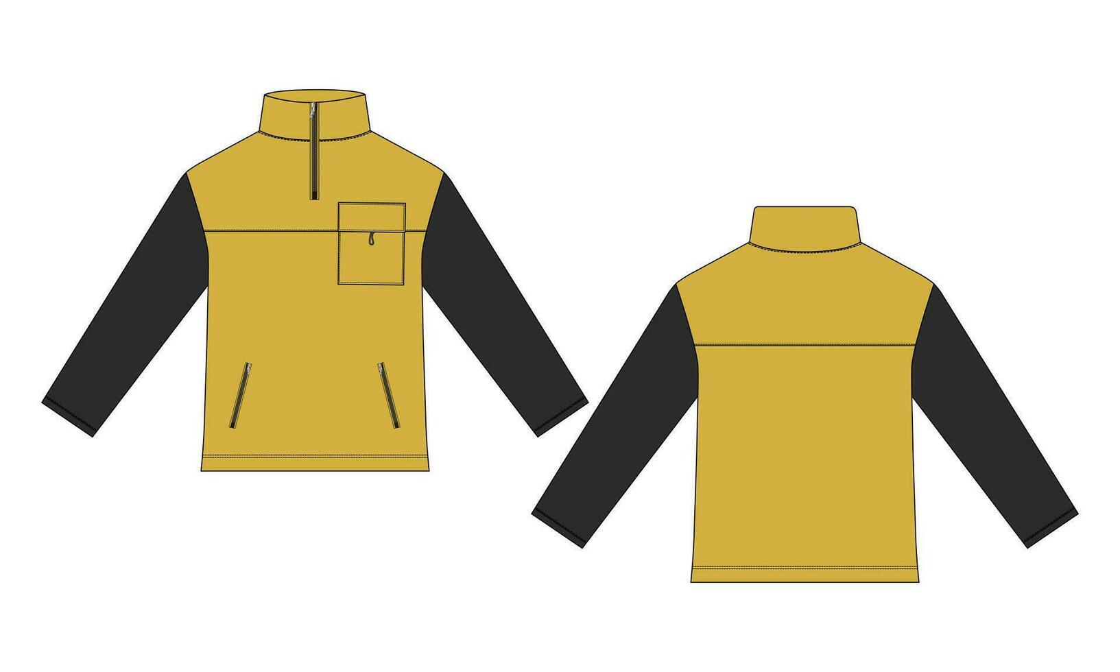 Long sleeve jacket with pocket and zipper technical fashion flat sketch vector illustration template front and back views. Fleece jersey sweatshirt jacket for men's and boys.