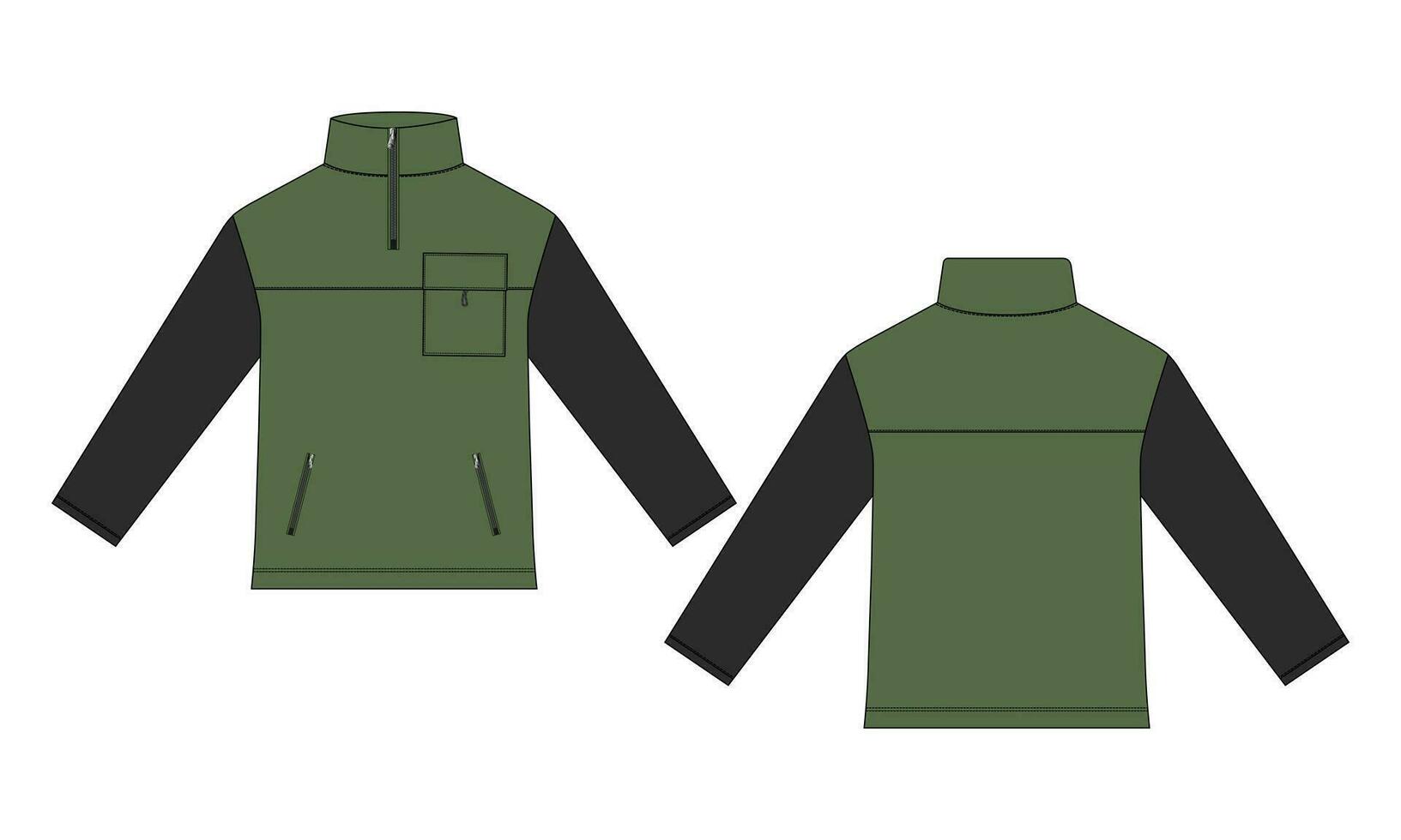 Long sleeve jacket with pocket and zipper technical fashion flat sketch vector illustration template front and back views. Fleece jersey sweatshirt jacket for men's and boys.