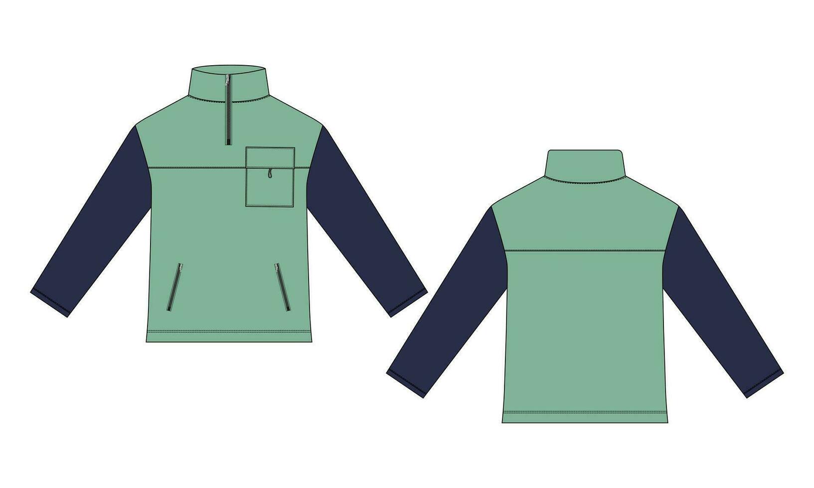 chaqueta de manga larga con bolsillo y cremallera vista frontal y posterior de la plantilla de ilustración vectorial de boceto plano de moda técnica. Chaqueta tipo sudadera de tejido polar para hombre y niño. vector