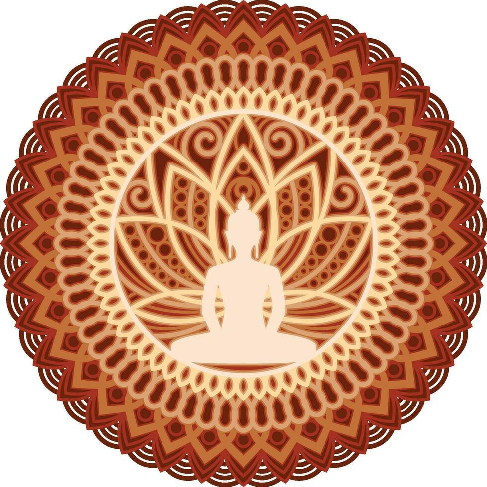 BUDDHA Cut File prepared for the laser and paper cut machines. At the center of the mandala, the serene and meditative figure of Buddha sits in the lotus position, radiating tranquility and wisdom. vector