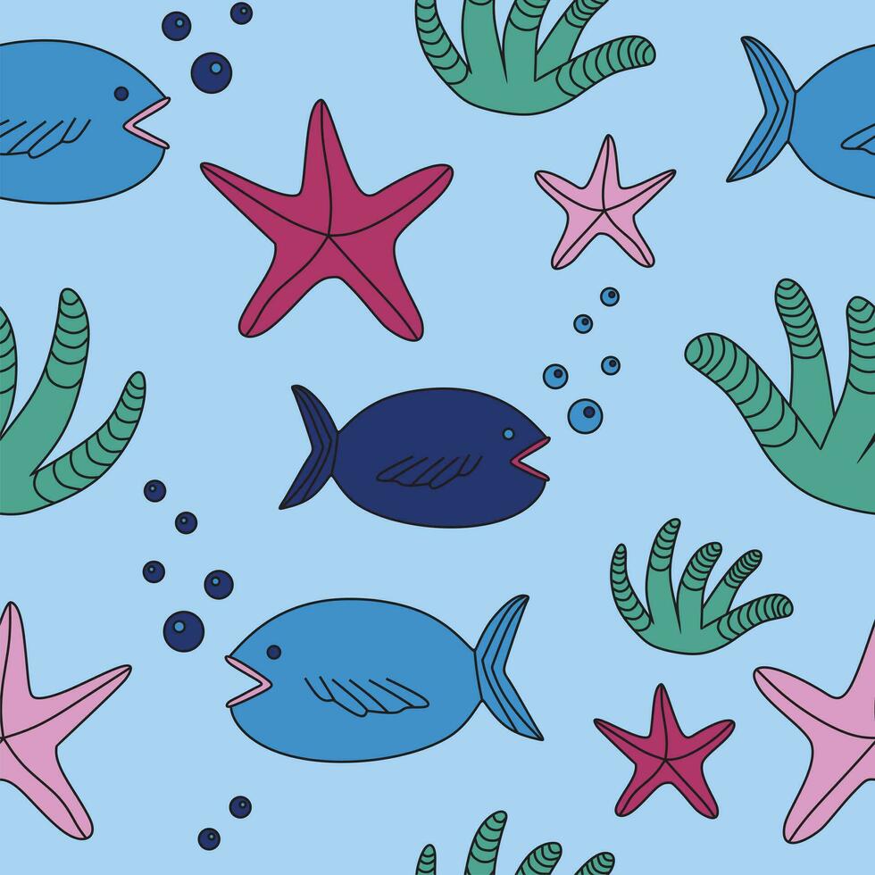 Seamless sea life pattern with cartoon characters. Seawide, fish and stars. vector