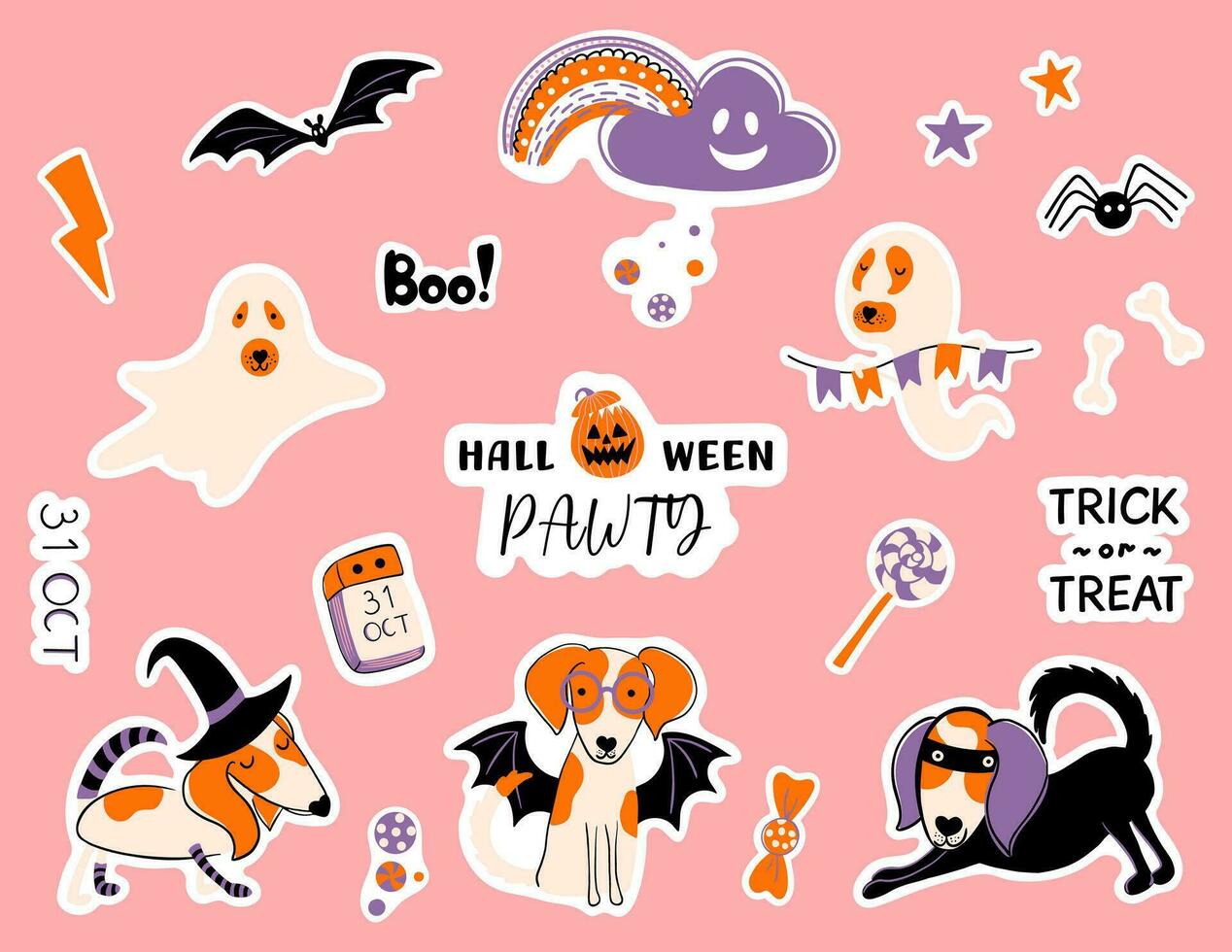 Set of Halloween dogs in masquerade costumes, rainbow, spider, bat, candies. Dog pawty. Cute stickers for planning and decor. Hand drawn vector illustrations.