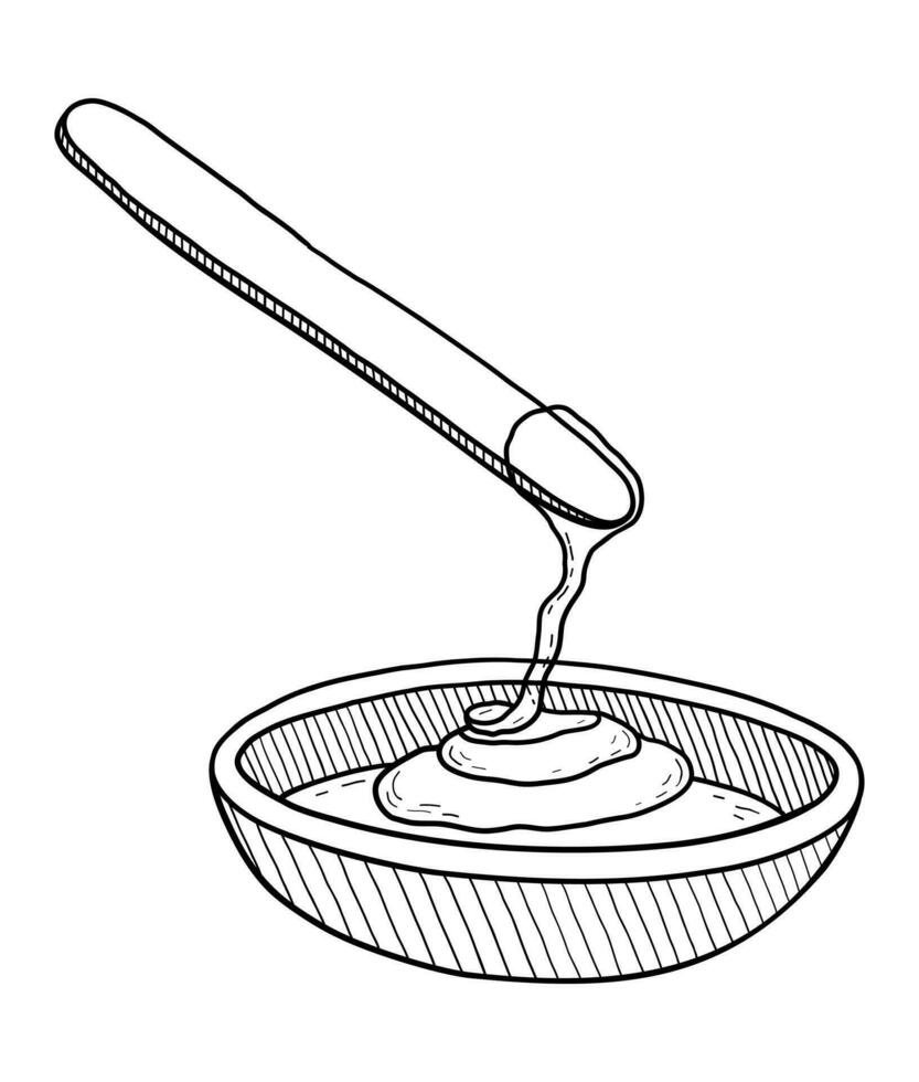 VECTOR ISOLATED ON A WHITE BACKGROUND DOODLE ILLUSTRATION OF A SHOVEL WITH A FLOWING PASTE FOR SUGARING INTO A CONTAINER