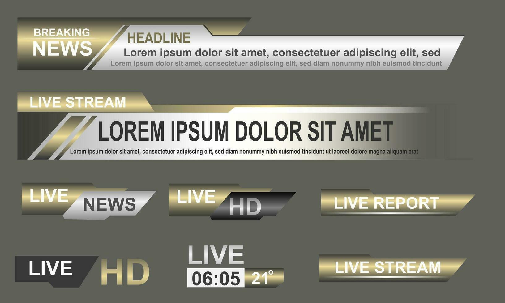 Broadcast News Lower Thirds Template layout gold grey set collection design banner for bar Headline news title, sport game in Television, Video and Media Channel vector
