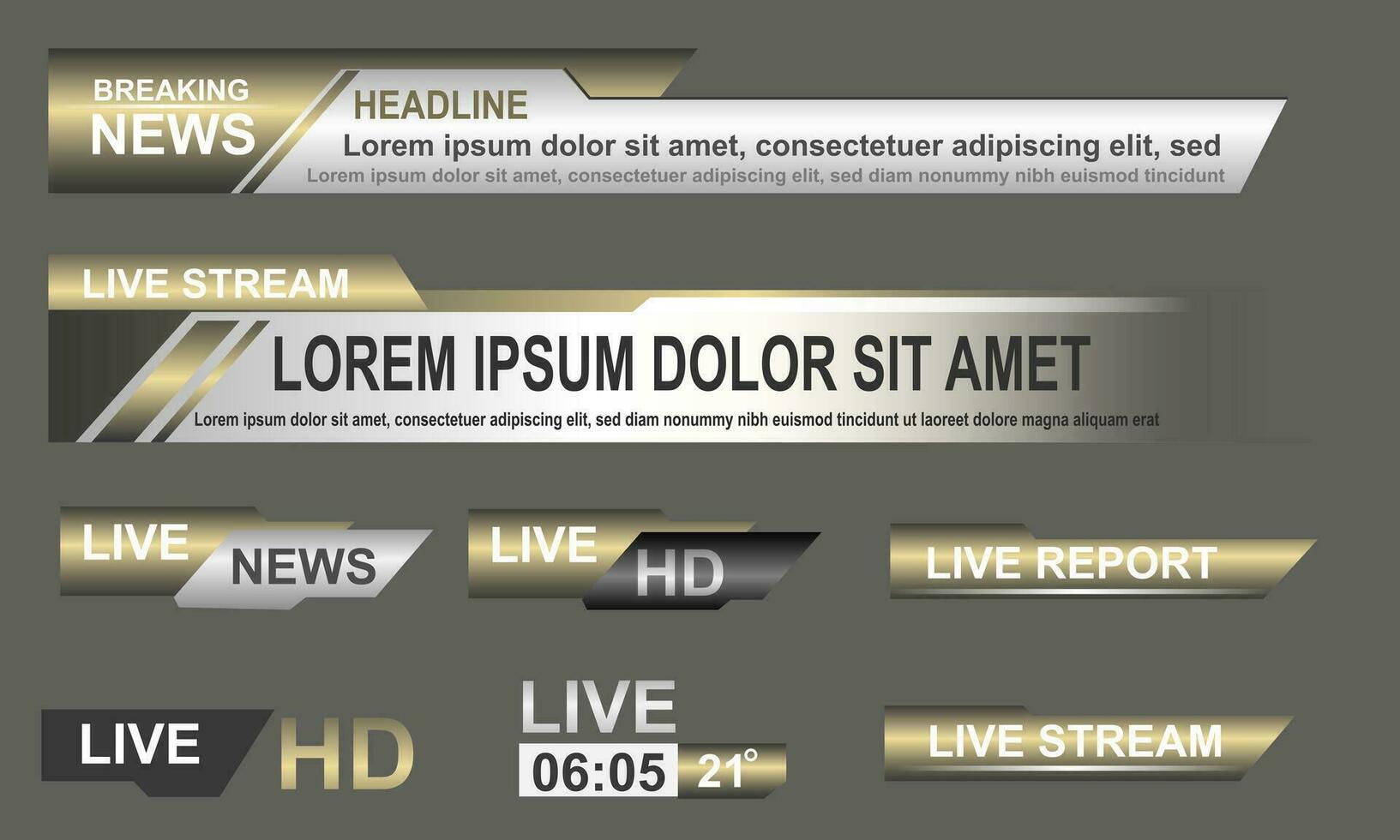 transmitir Noticias inferior tercios modelo diseño oro gris conjunto colección diseño bandera para bar titular Noticias título, deporte juego en televisión, vídeo y medios de comunicación canal vector