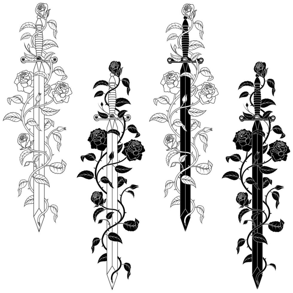 Ancient sword surrounded by rose plant vector