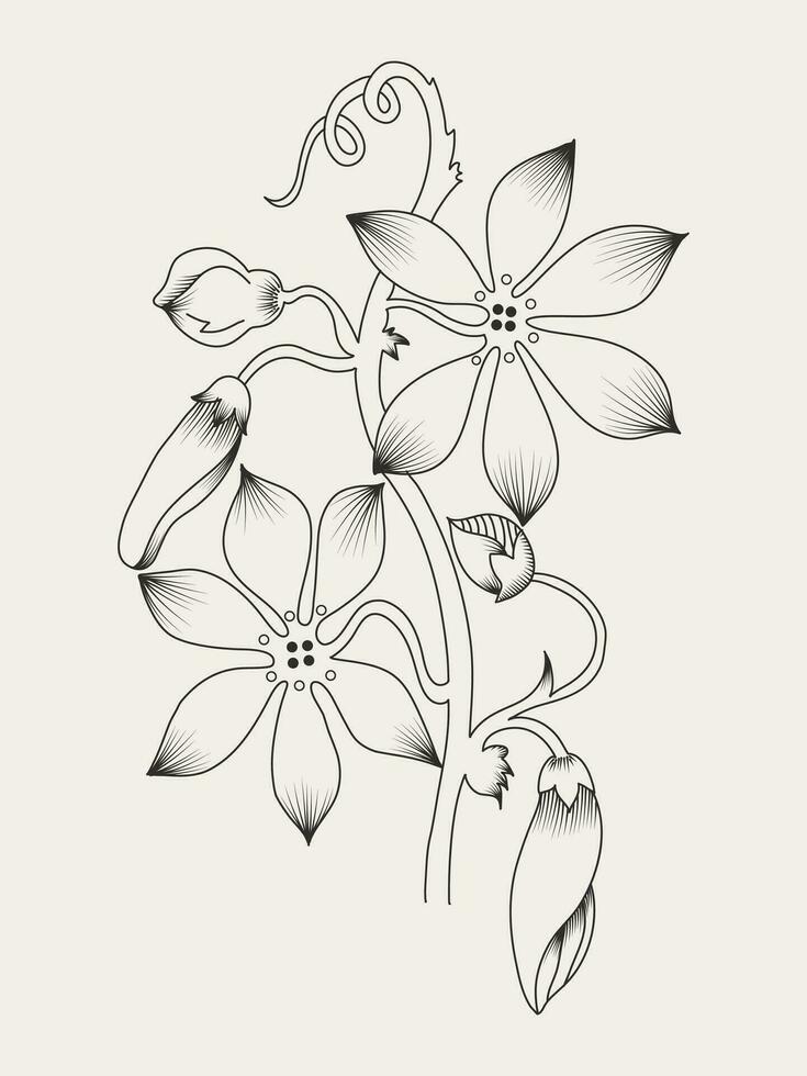 Hand Drawn Vintage Flowers Line Art, Floral Ornaments Decorative Elements vector