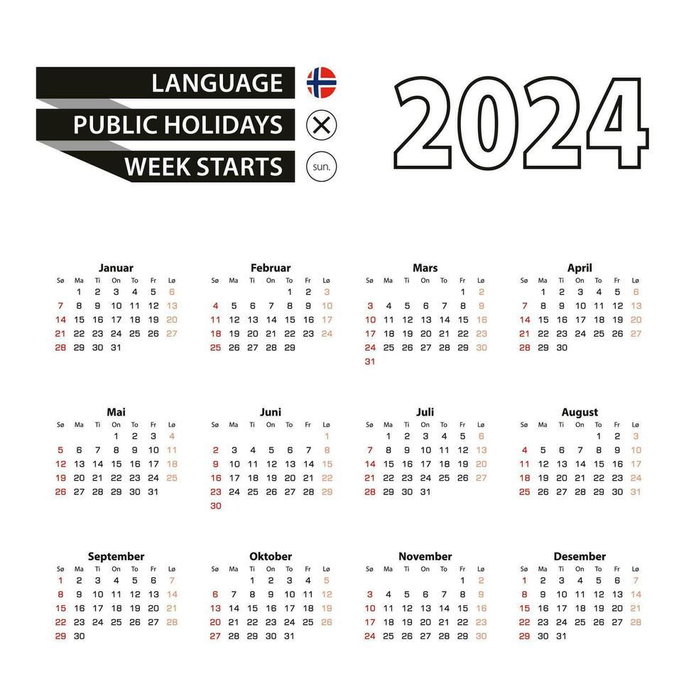 2024 calendar in Norwegian language, week starts from Sunday. vector