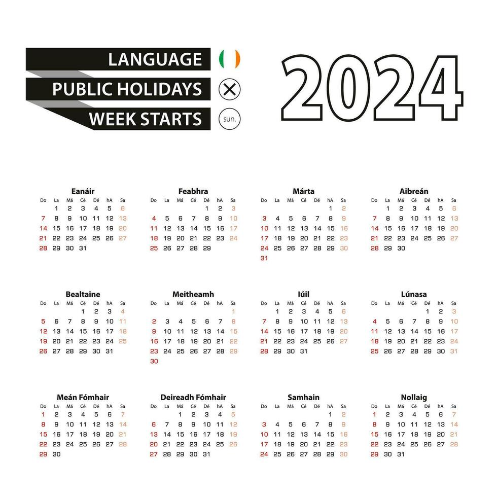 2024 calendar in Irish language, week starts from Sunday. vector