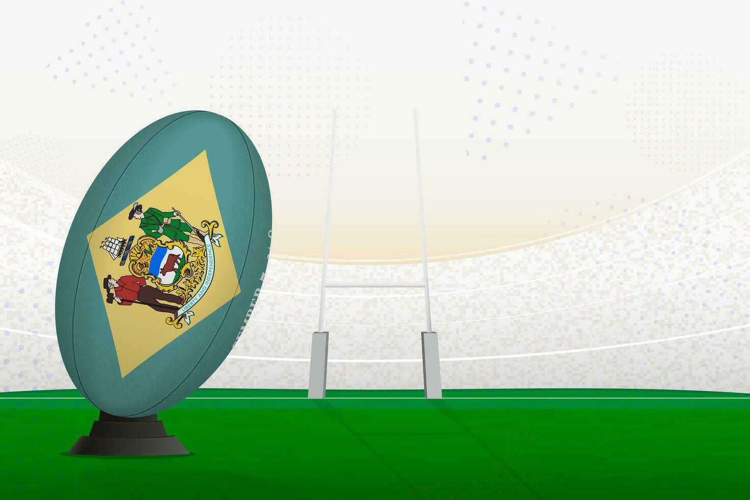 Delaware national team rugby ball on rugby stadium and goal posts, preparing for a penalty or free kick. vector