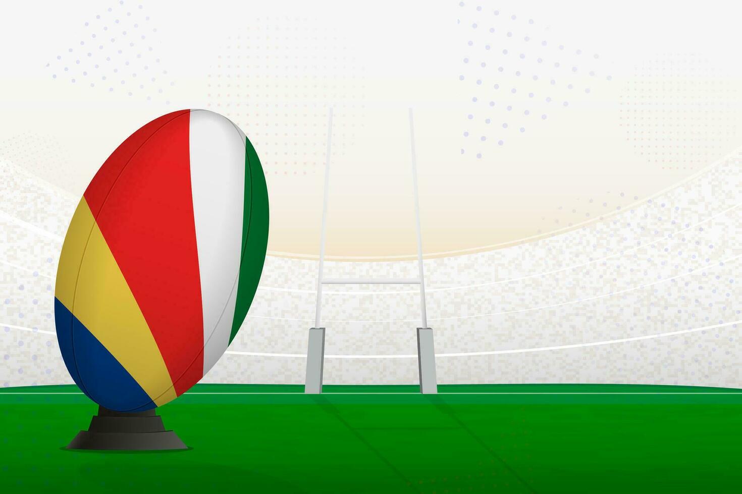 Seychelles national team rugby ball on rugby stadium and goal posts, preparing for a penalty or free kick. vector