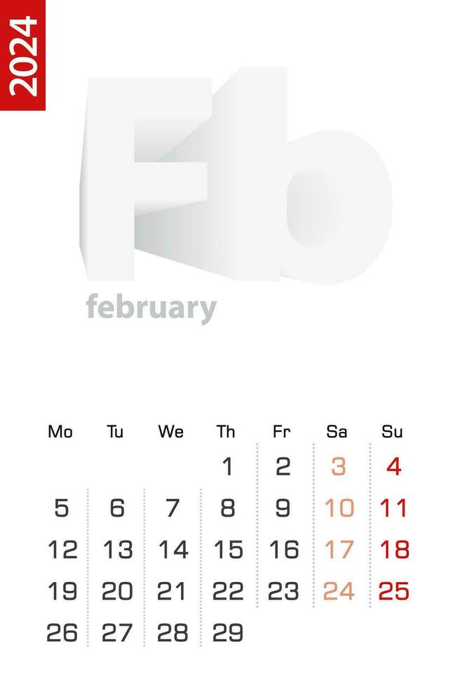 Minimalist calendar template for February 2024, vector calendar in English.